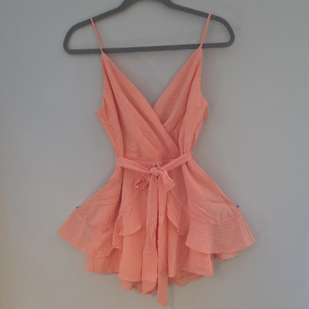 Coral Wrap Romper with Ruffle Skirt - Picture 1 of 4